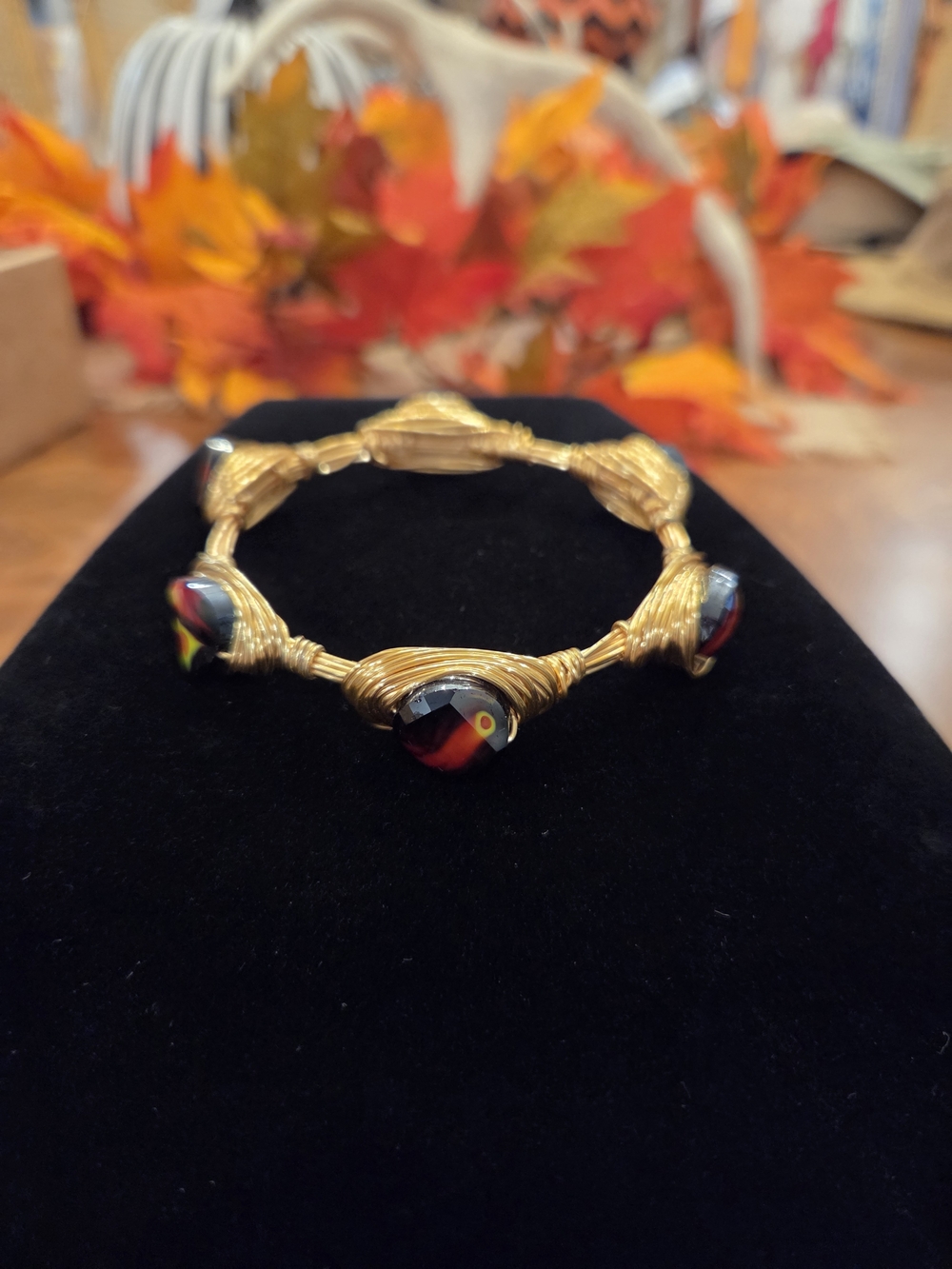 Hand Crafted Gold-Tone Wire Wrapped Bracelet with Multicolor Glass Beads